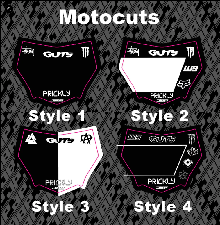 Motocuts plate decal (PUT IN ORDER DESCRIPTION WHAT NUMBER AND LOGOS YOU WANT)